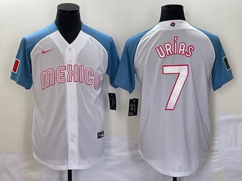 Men's Mexico Baseball #7 Julio Urías 2023 White Blue World Baseball Classic Stitched Jersey Men's Mexico Baseball #7 Julio Urías 2023 White Blue World Baseball Classic Stitched Jersey